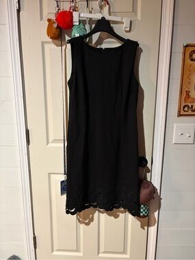 Talbots Black Sleeveless Shift Dress with Scalloped Laser-Cut Hem